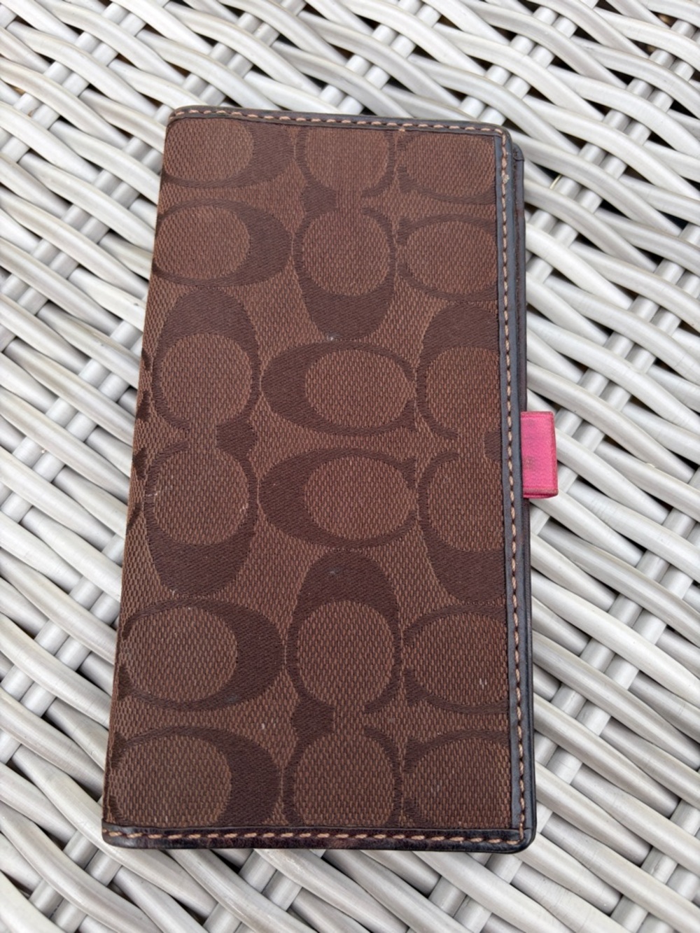 Coach Brown Signature Canvas Long checkbook holder with Pink Tab Accent
